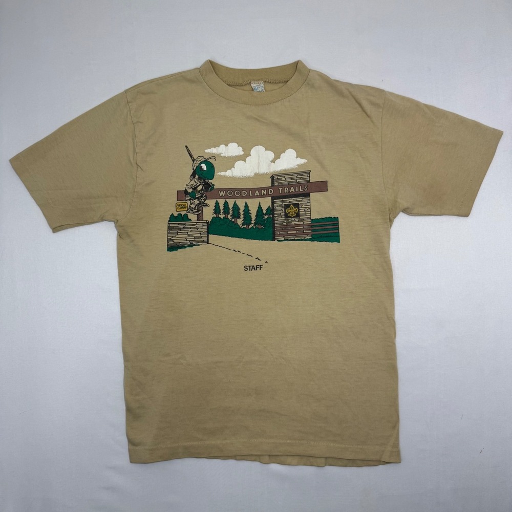 Vintage 70s Artex Woodland Trails Scout Staff T-Shirt Tan Mens Medium 50/50 USA